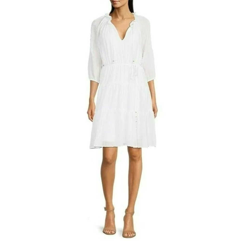 $158 Calvin Klein V Neck 3/4 Sleeve Tiered Ruffle Hem Dress 16 Nwt